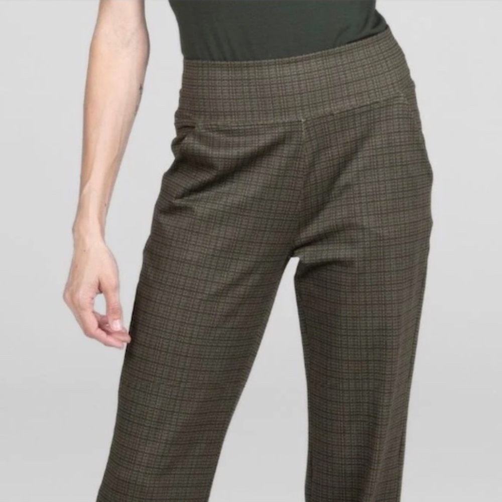 Wide Leg Plaid Pull-On Pants - Olive Brown